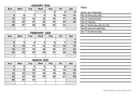 2020 Canada Quarterly Calendar Template Free Printable Templates