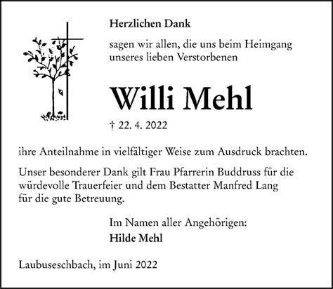 Traueranzeigen Von Willi Mehl Vrm Trauer De