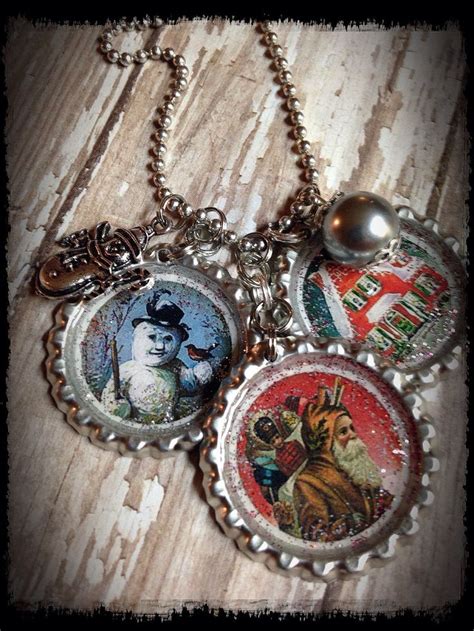 Vintage Christmas Theme Bottle Cap Charm Necklace Etsy Whimsical