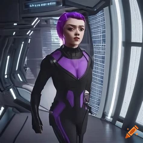 Maisie Williams In A Purple Haired Sci Fi Outfit On A Futuristic