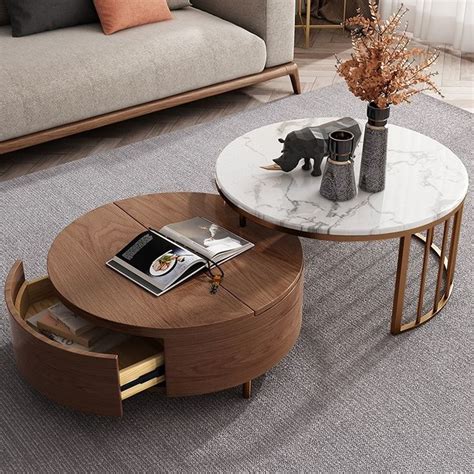 Whiteandwalnut Round Nesting Coffee Table With Storage Rotating Top In