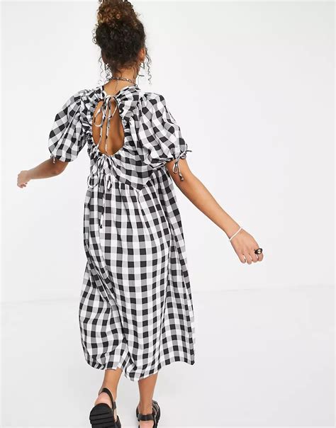 Asos Design Gingham Midi Smock Dress With Puff Sleeve And Open Back