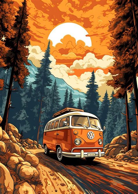 An Orange Vw Bus Driving Down A Road In Front Of Trees And Mountains At