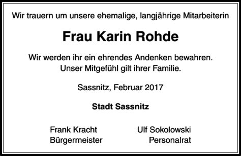 Traueranzeigen Von Frau Karin Rohde Trauer Anzeigen De