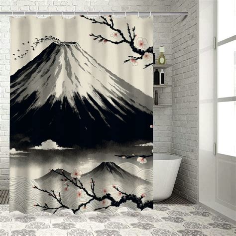 Lzatpd Cherry Blossom Shower Curtain Japanese Fuji Snow Mountain Asia