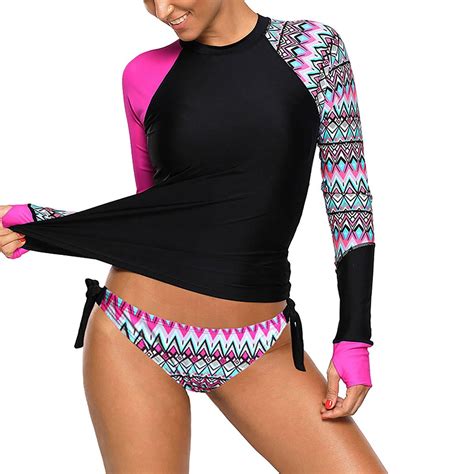 Kdfjpth Swimsuit For Women 2024 Long Sleeve Rash Guard Top 2 Piece Set