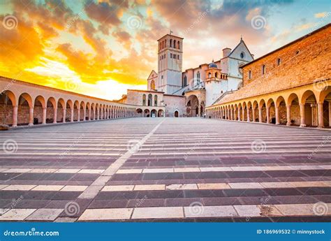 Basilica Of St Francis Of Assisi At Sunset Assisi Umbria Italy Editorial Photography Image