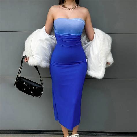 Cutenova Gradient Strapless Backless Sexy Long Dress Fashion Women Sleeveless Off Shoulder