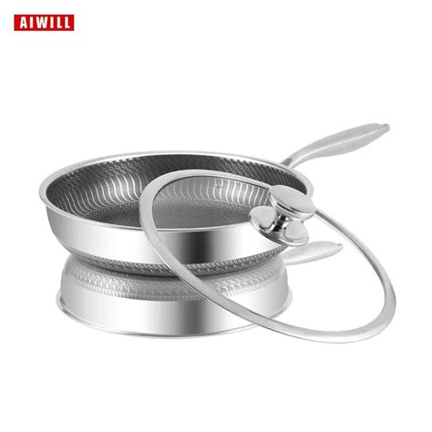 AIWILL 26cm 28cm Pan With Lid 304 Stainless Steel Frying Non Stick