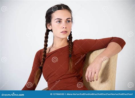 Beautiful Brunette Girl Sitting In Chair Stock Photo Image Of Fresh Care
