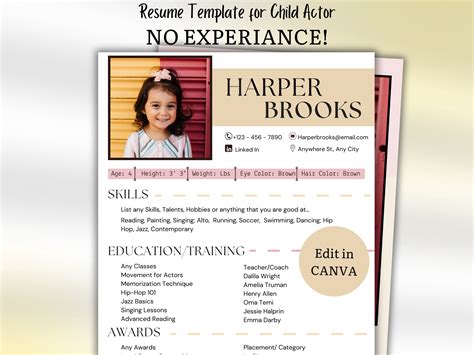Child Actor Resume Template No Experience Editable Canva CV