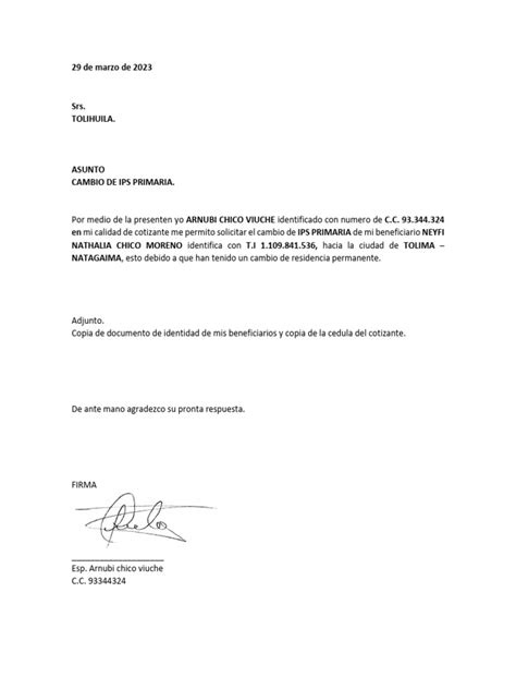 Carta Cambio De Ips Pdf