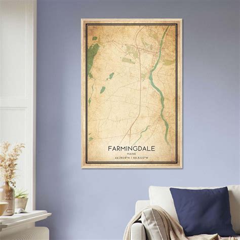 Vintage Farmingdale Maine Map Poster, Farmingdale ME City Road Wall Art