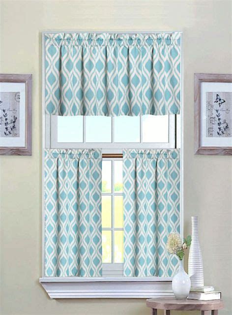 Luxurious Turquoise Geometric Shabby 3 Piece Kitchen Curtain Tier And Valance Set Turquoise