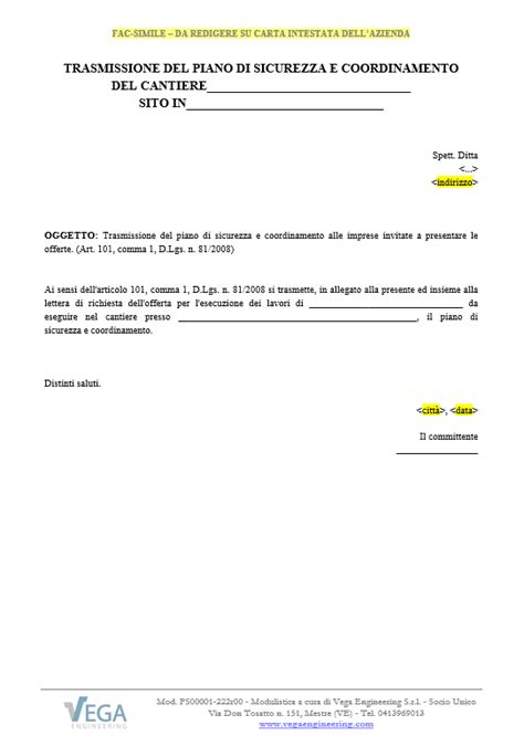 Facsimile Modulo Trasmissione Piano Di Sicurezza E Coordinamento Vega