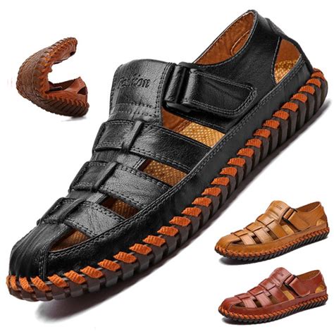 Mens Casual Leather Sandals Summer Leather Shoes Breathable Casaul Shoes Outdoor Beach Shoes For