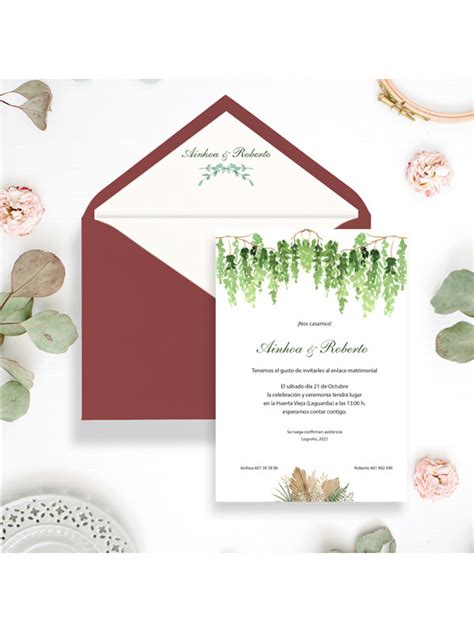 Invitaciones Boda Con Sobres Especiales Helecho Boho Inicio Fe