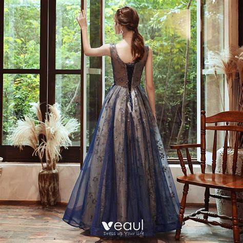 Elegant Navy Blue Evening Dresses 2020 A Line Princess See Through