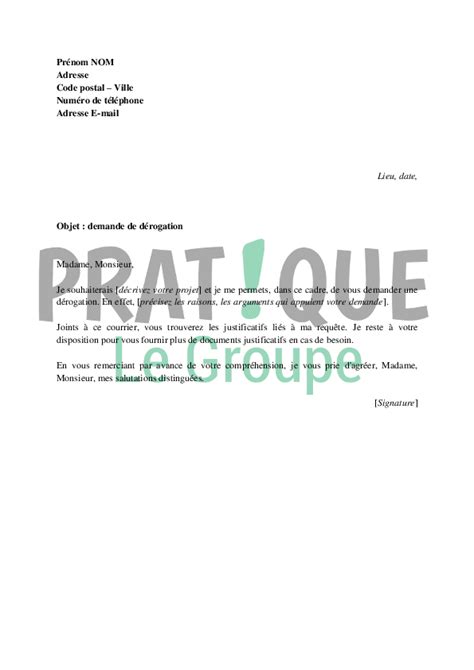 Modele De Lettre De Derogation