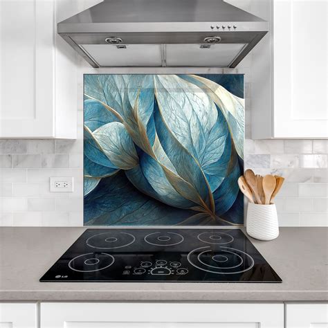 Macro Leaf Blue Kitchen Glass Splashback Heat Resistant 6mm Toughened Glass 4 15838 P