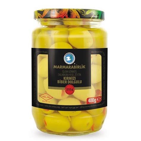 Marmarabirlik 4 XL Yeşil Zeytin Kırmızı Biber Dolgulu 400 Gr Yerli Tüket