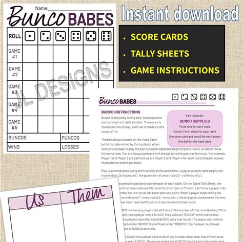 Bunco Printable Score Cards Tally Sheet Instructions Etsy