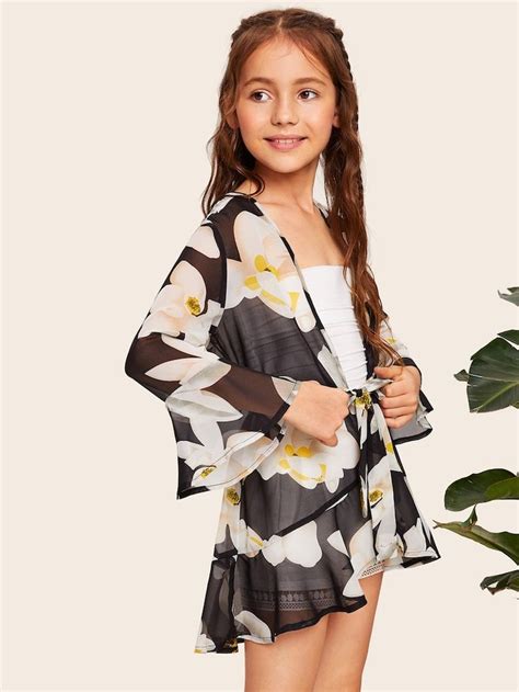 SHEIN Girls Ruffle Trim Sheer Floral Kimono Tween Fashion Outfits