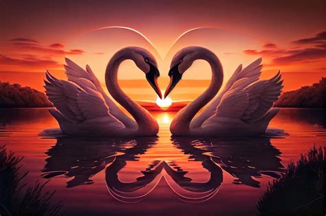 Premium Ai Image Two Swans Making A Heart Shape At Sunse Realistic