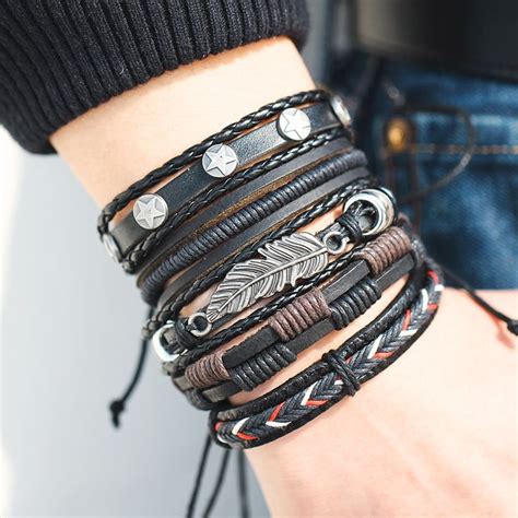 Men Leaf Feather Multilayer Leather Bracelet Set Free Shipping