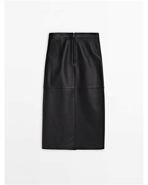 Massimo Dutti Nappa Leather Midi Skirt With Slit In Black Lyst