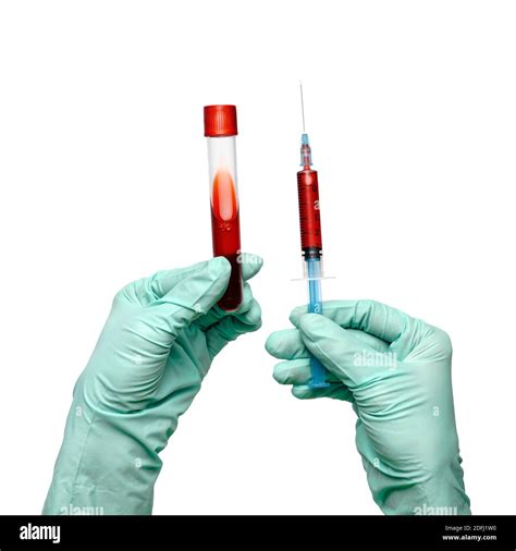 Hand In Latex Glove Holding Blood Sample In Test Tube And Syringe Close