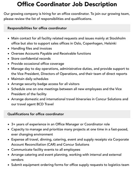 Office Coordinator Job Description Velvet Jobs