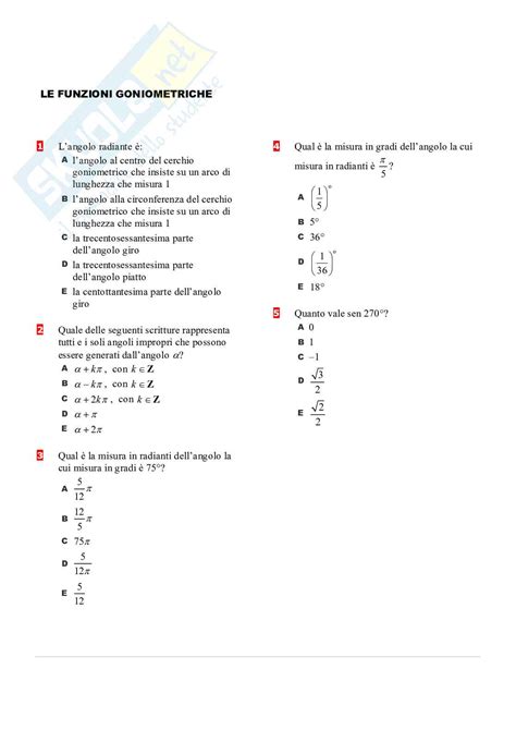 Esercitazione Con Domande A Risposta Multipla Sulle Funzioni Goniometriche