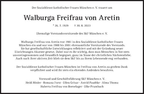 Traueranzeigen Von Walburga Freifrau Von Aretin Sz Gedenken De