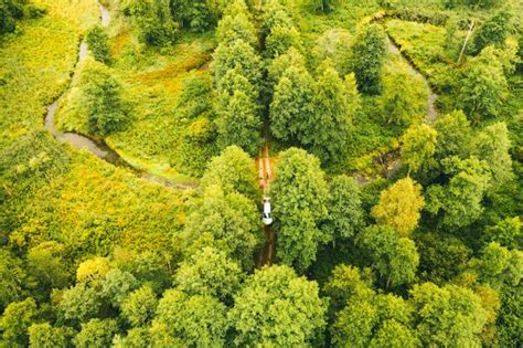 Premium Photo Aerial Landscape Of Winding River In Green Field Top