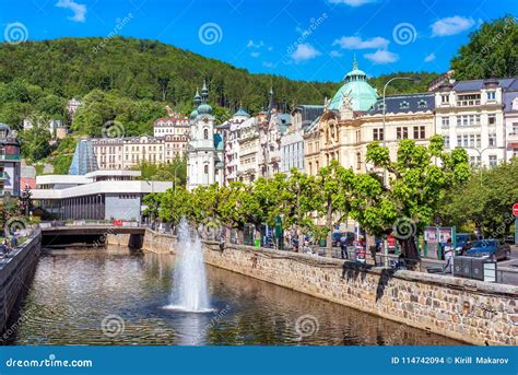 KARLOVY VARY, CZECH REPUBLIC - MAY 26, 2017: Historic City Center with ...