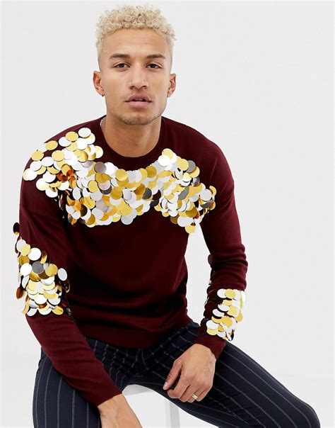 Asos Knitted Sequin Sweater In Burgundy In Red For Men Lyst