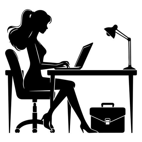 Set Of Silhouette Of Woman Working On Laptop At Desk Vector