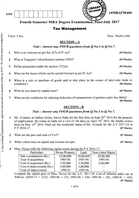 Visvesvaraya Technological University Mba Cbcs Fourth Semester 14mbafm409 Tax Management