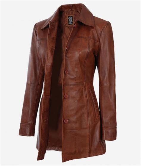 Womens Cognac 3 4 Length Leather Coat