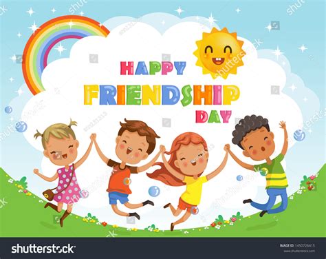 Friendship Day Kids Jumping Laughing Together Stock Vector (Royalty ...