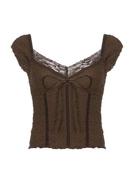 Emmiol Free Shipping Lace Trim Crinkle Cropped Blouse Brown M In