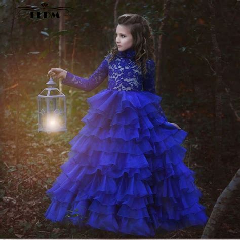 2018 New Lace High Neck Long Sleeve Royal Blue Puffy Dresses For Kids