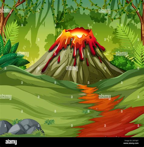 Volcano Eruption In Nature Forest Scene At Daytime Stock Vector Image