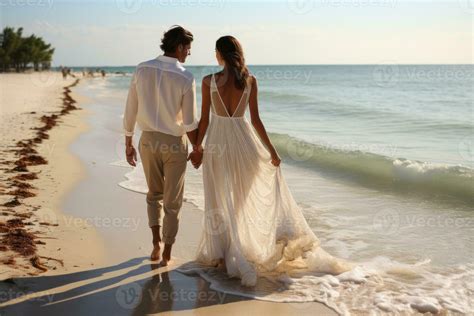 Beach wedding bride and groom walking away down the beach by the water ...