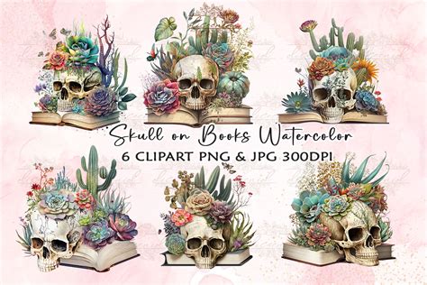 Skull On Books Watercolor Clipart Graphic By Diceenid · Creative Fabrica