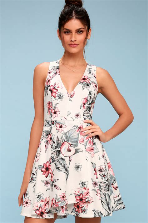 Cute Ivory Dress Floral Print Dress Skater Dress Lulus