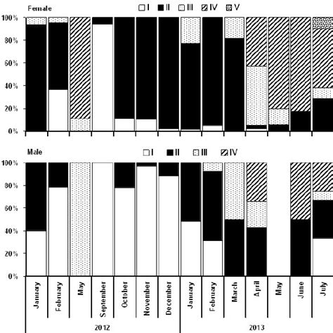 Monthly Variations Of Ovary Female And Testis Male Maturity Stages Download Scientific