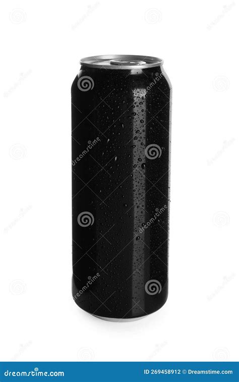 Black Aluminum Can With Water Drops Isolated On White Mockup For