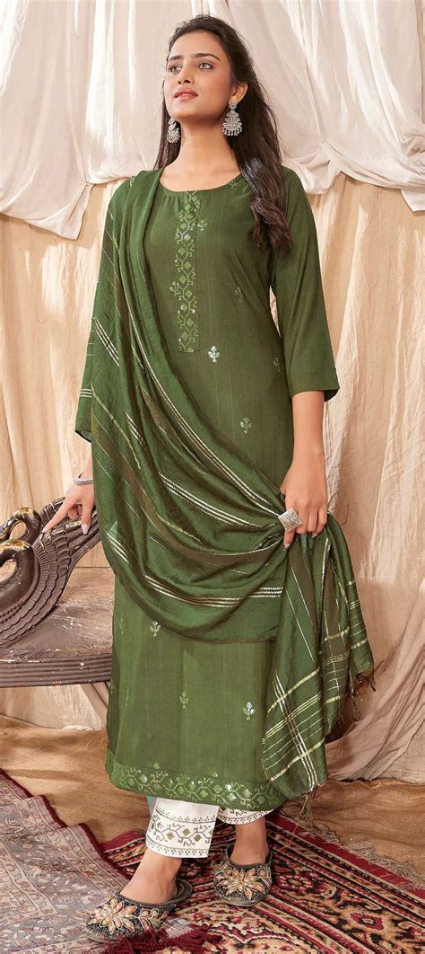 Festive Party Wear Green Color Cotton Fabric Salwar Kameez 1788727